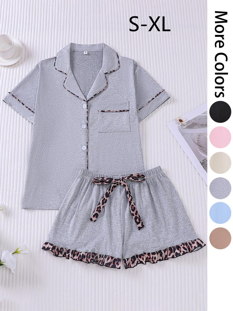 Women's Patchwork Contrast Binding Button Front Pocket Shirt & Ruffle Hem Shorts Pyjama Set, Casual Comfy Two-piece Pj Set, Ladies Summer Sleepwear, Pajama Set