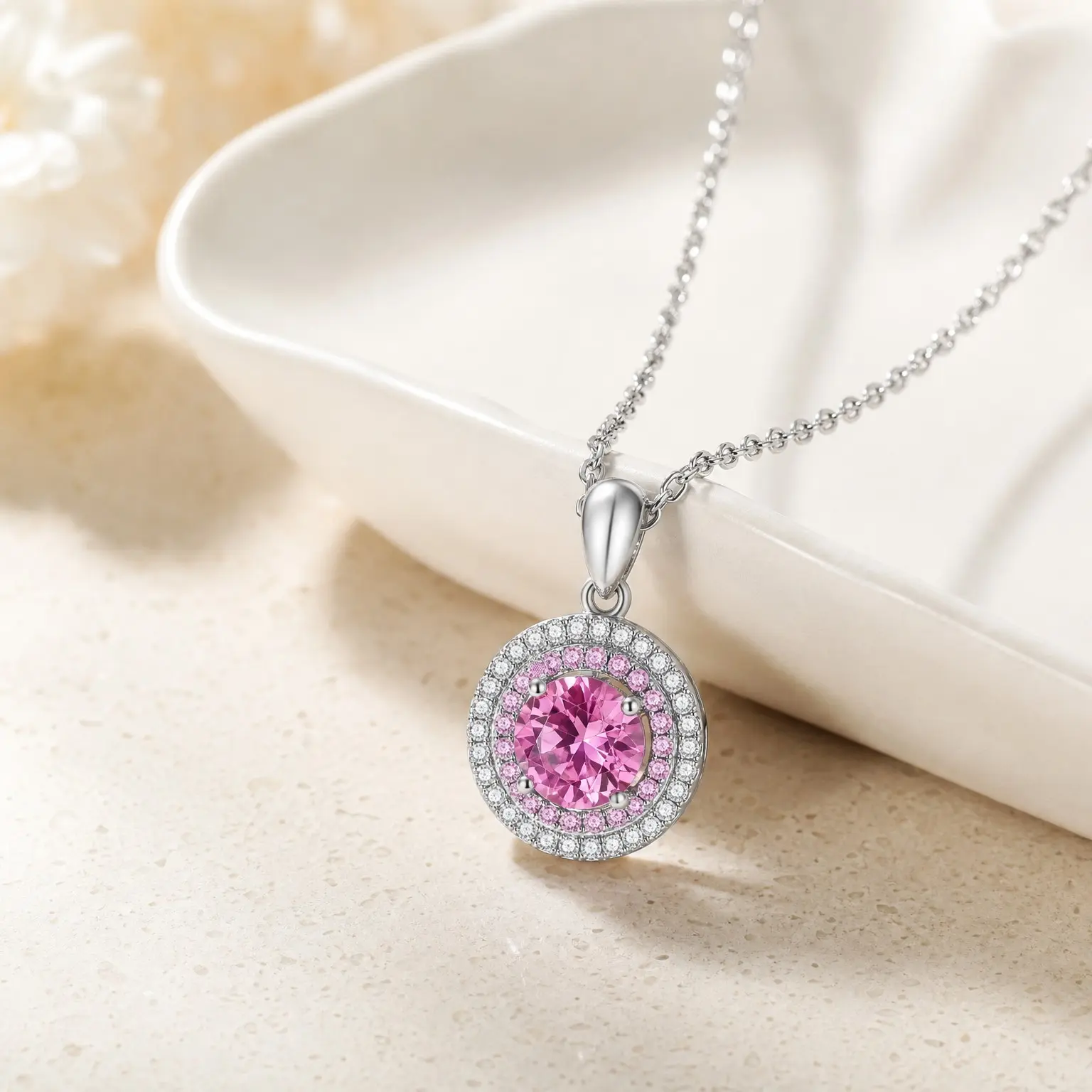 1ct Pink Cake Pendant Necklace Round Synthetic Moissanite S925 Chain Christmas Gift