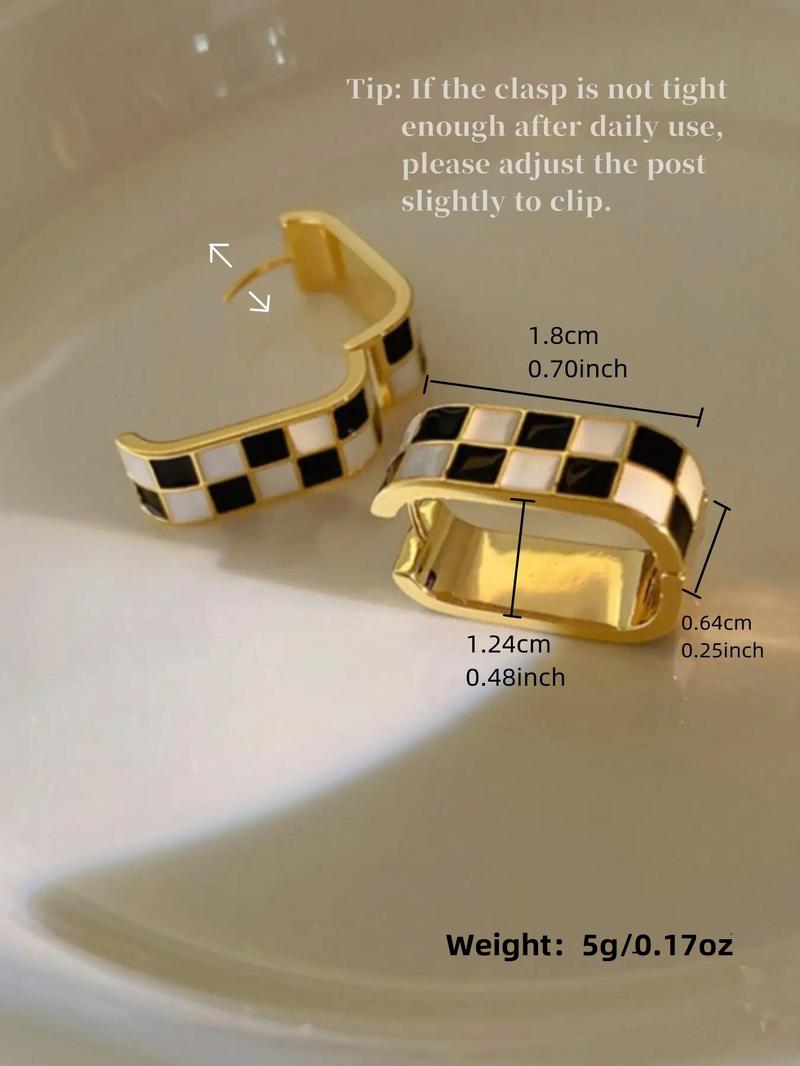 Checkerboard Pattern Hoop Earrings, Fashionable Casual Enamel Drip Earring Clip for Women for Party, Daily Decor, Trendy All-match & Exquisite Jewelry for Gift, High Quality Earrings