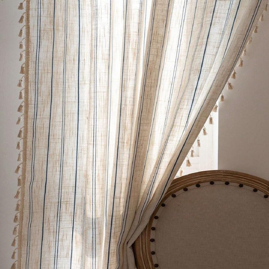 Luxurious Cotton Linen Drapes with Fringe Trim, Semi-Transparent Noise-Dampening UV Protection Curtain for Living Room & Bedroom