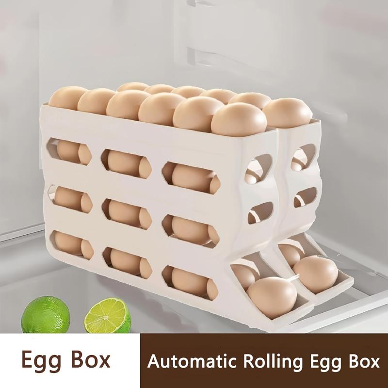 30-egg fridge rack - Automatic rolling fridge egg storage box, space-saving egg dispenser holder, 4-layer fridge egg rack, large-capacity fridge egg storage box (white) Easter gift Refrigerator Accessories (DM378-2723