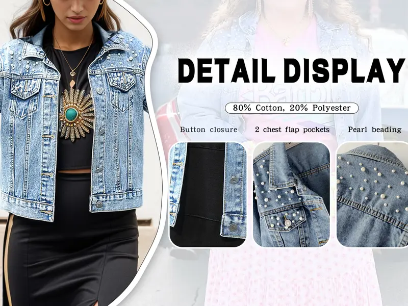 Product Introduction of Hixiaohe Women's Fashion Loose Embroidered Pearls Beading Cropped Denim Jacket Jean Coat 5