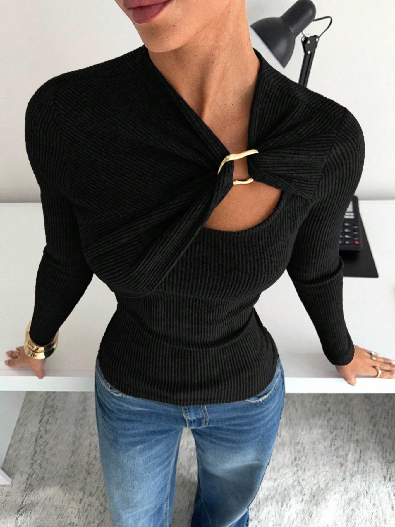 Women's Fall Winter Casual Slim Fit Knit Textured Ribbed Soft Fabric Asymmetrical Drape Hollow Out Metal Buckle Long Sleeve T-Shirt Womenswear Knitwear