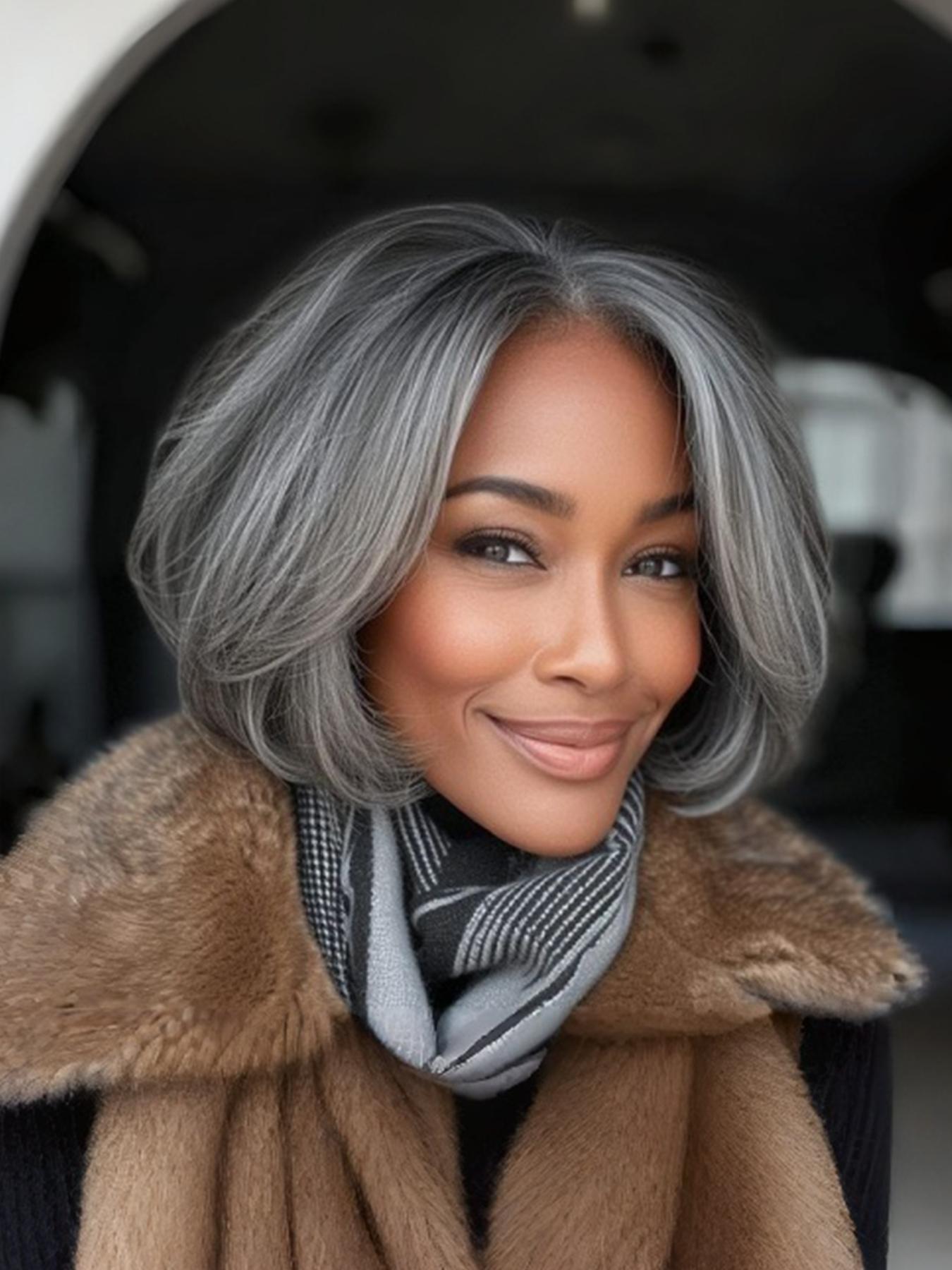 Silvery Wavy Bob Wig, Layered Synthetic Ombre Short Straight Hair, High Temperature Fiber, Rose Net Cap for Daily & Party Use, Straight Bob Wigs, Layered Cut Wig, Layered Haircut Wig, Daily Wear Wig