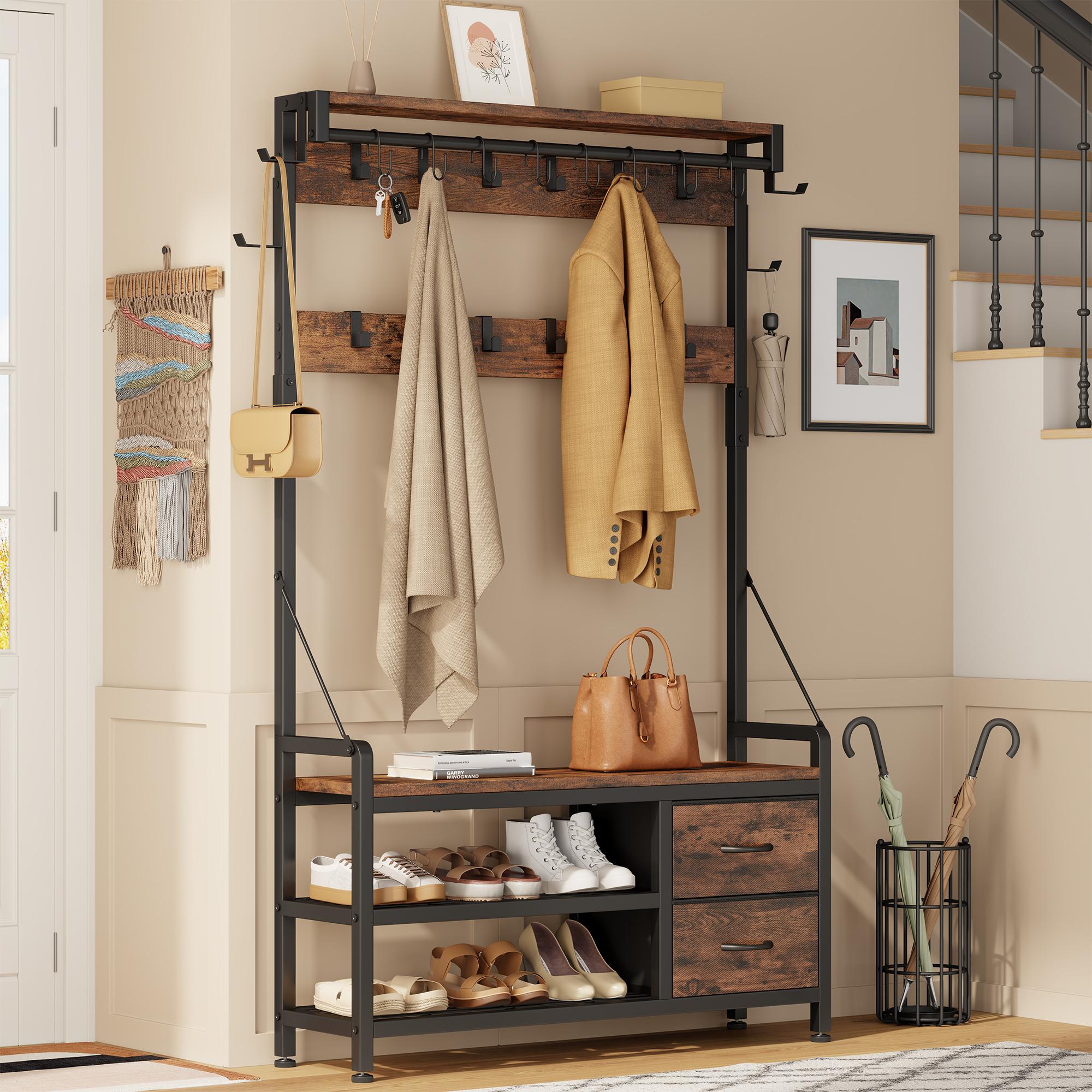 Aowos Hall Tree with Bench and Shoe Storage, 31”/39” Freestanding Entryway Storage Cabinet, 5-in-1 Coat Rack and Shoe Bench with Wall Organizer, 17 Hooks, Drawers and Shelves, Space-Saving Hall Tree for Entryway, Hallway, Foyer