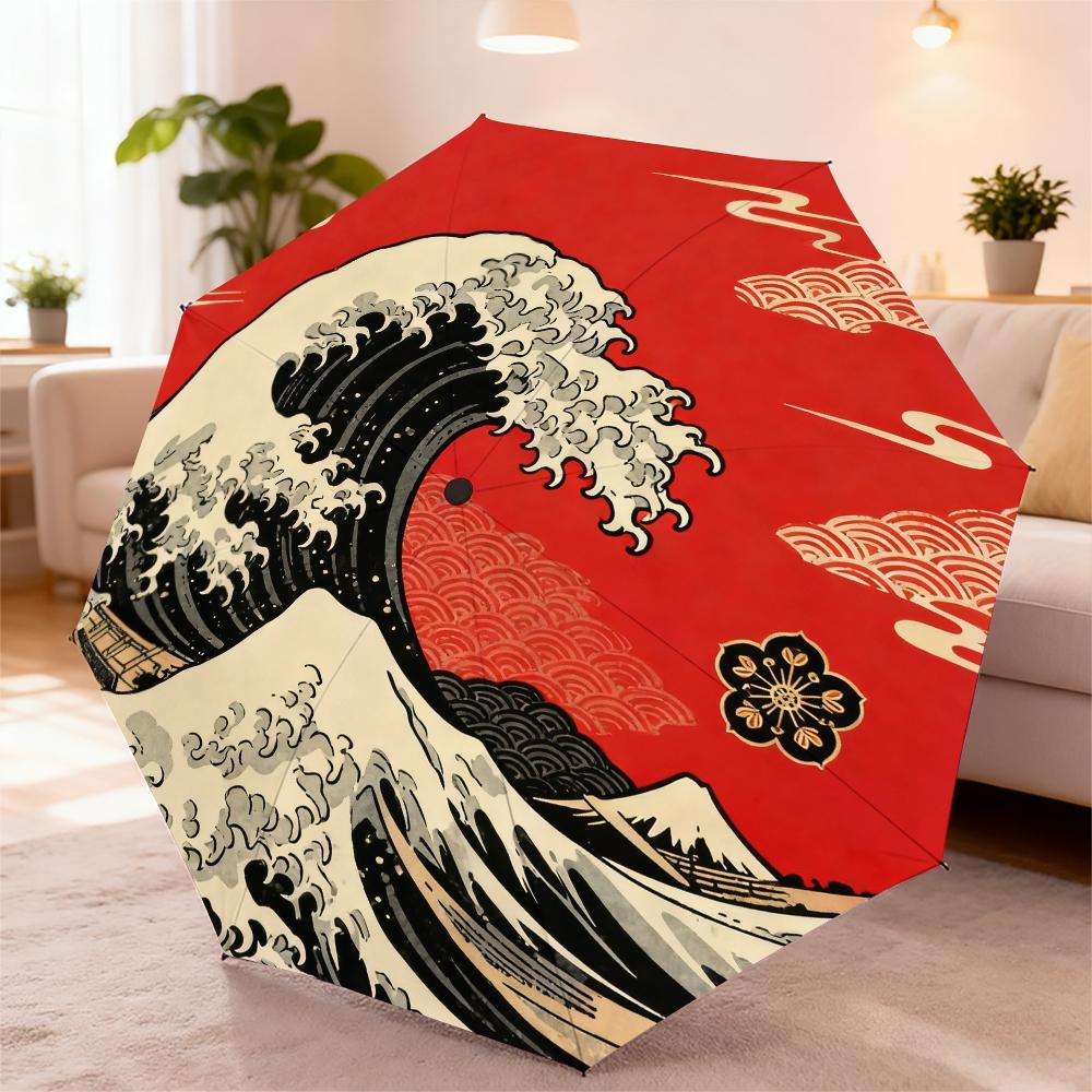 Floating World Wave Automatic Umbrella, Lightweight Retractable Travel Umbrella, Japanese Inspired Design, Windproof 8 Ribs, Unisex