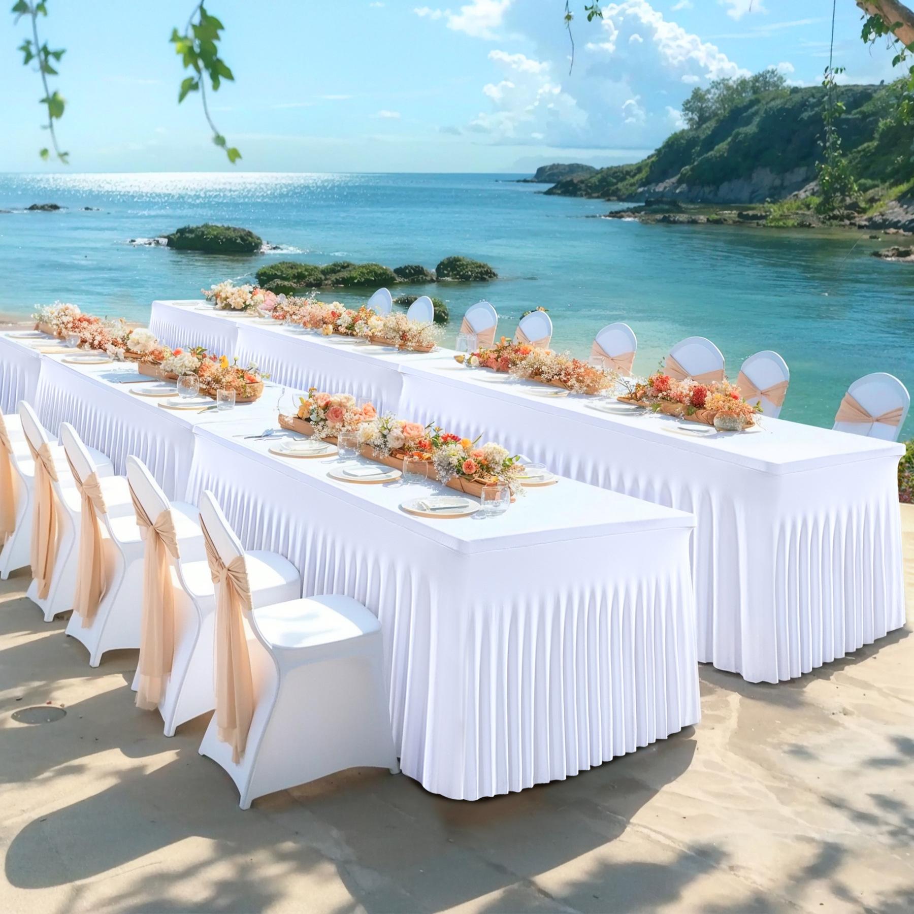 Stretch Tablecloth with Skirt, 4/6/8ft for Rectangle Table, Wrinkle Resistant & Washable, Perfect for Party, Wedding, Outdoor & Holiday Gifts