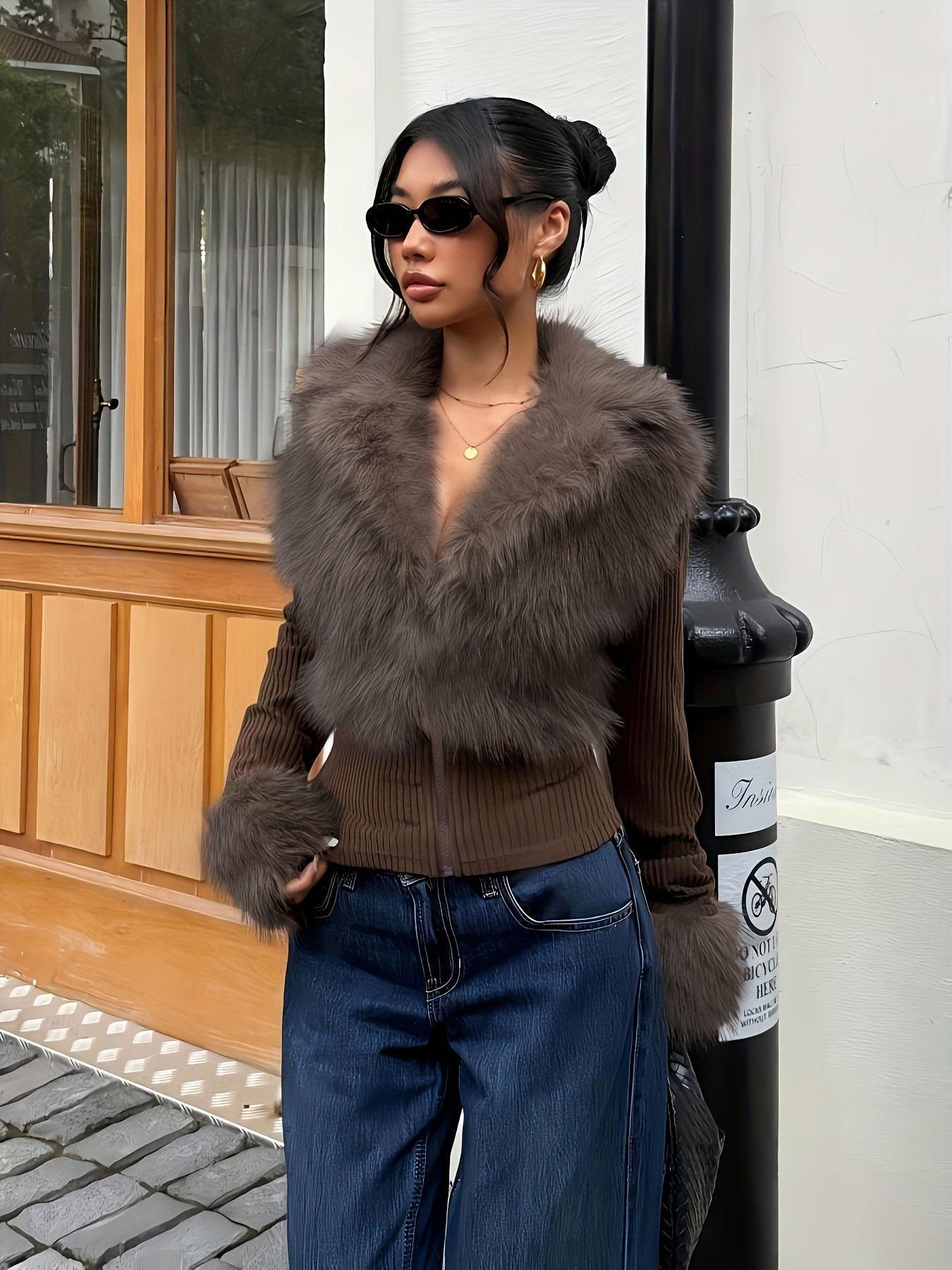 2026 New Fall/winter Women's Faux Leather Fur Patched Puffy Coat, Outerwear, Streetwear, Plaid Punk Style, Y2K Fashion 00156666