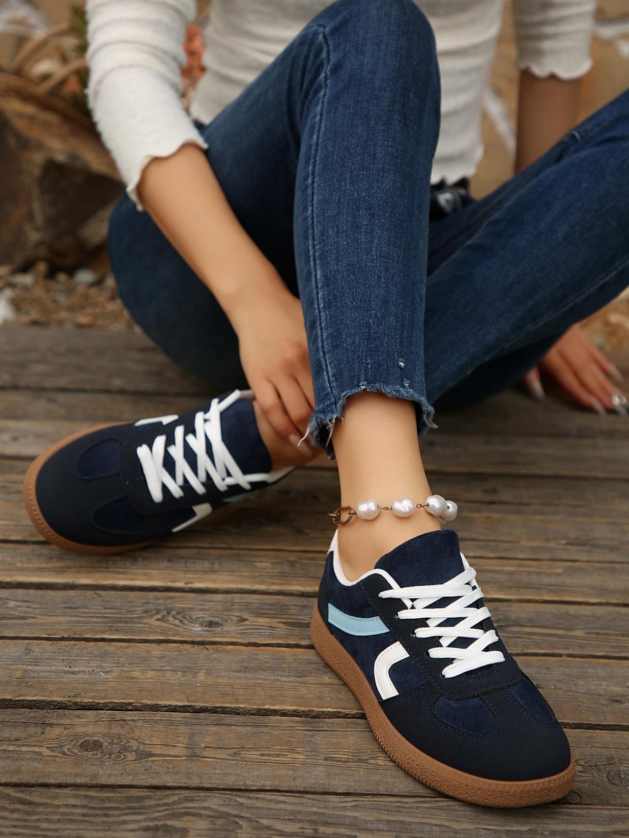 2.5cm Platform Color Block Retro Sneakers, Black & Pink, Vintage Casual Trainers