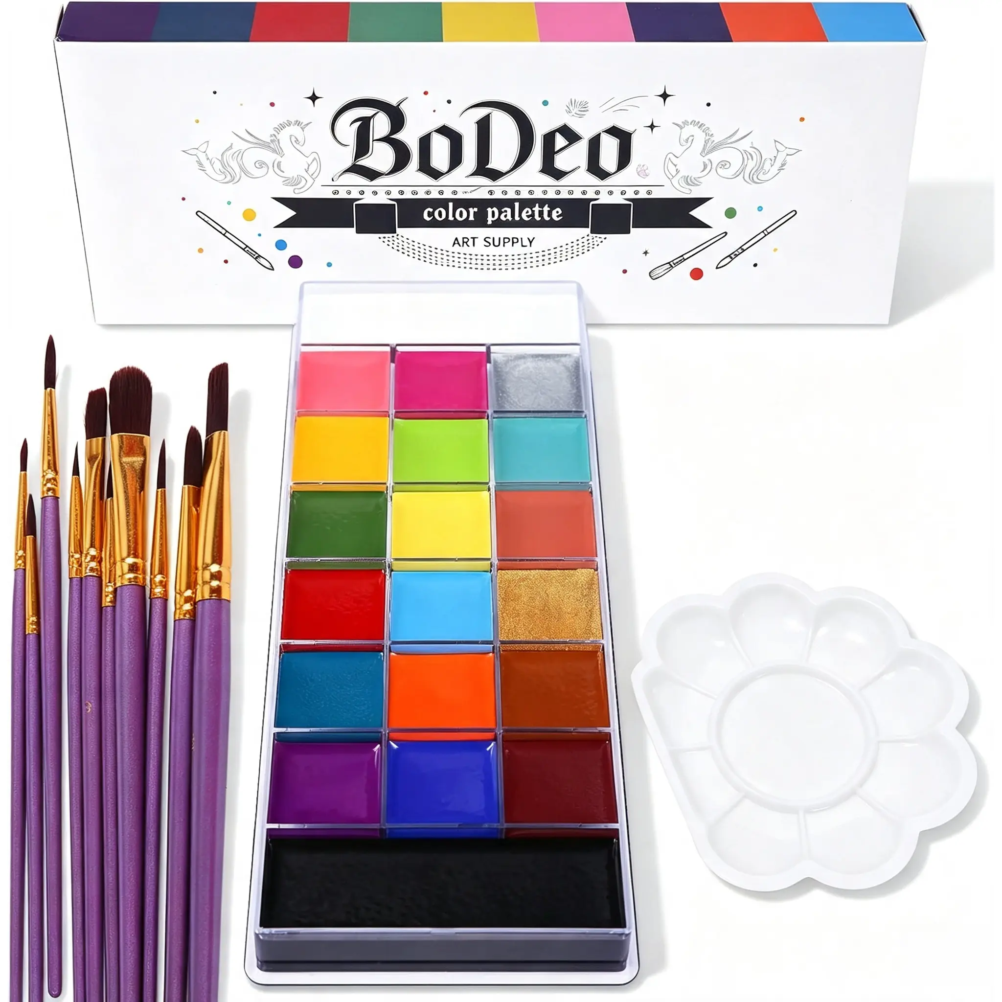 BODEO Athena Face Body Paint Oil Makeup Set, 20 Colors FX Halloween Party Painting with Mixing Palette,10 pcs Artist Paintbrushes,Tattoo Stencil Arts Crafts kit