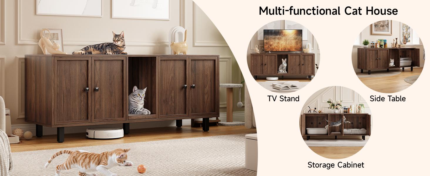 【SPOTLIGHT DAY】ONBRILL 59 Inches Cat Litter Box Enclosure for 2 Cats, Hidden Litter Boxes Furniture with Cat Scratch Pad, Large Indoor Pet House with Double Room, Wooden TV Stand Side Table 【SPOTLIGHT DAY】ONBRILL 59 Inches Cat Litter Box Enclosure for 2 Cats, Hidden Litter Boxes Furniture with Cat Scratch Pad, Large Indoor Pet House with Double Room, Wooden TV Stand Side Table
