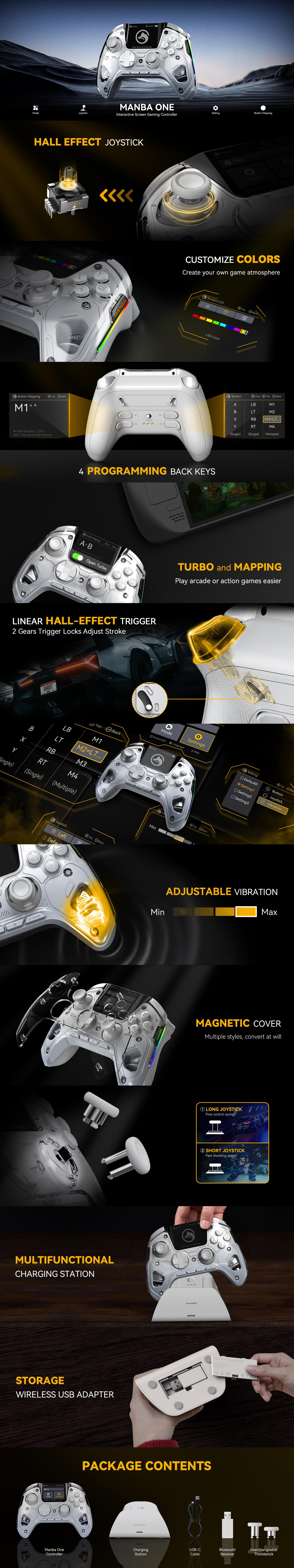 ManbaOne Interactive Screen Wireless Gaming Controller for Switch/Switch 2/PC/iOS/Android,Hall Effect Stick & Trigger,RGB Lighting,Remappable Buttons,1800mAh with Charging Dock, No Drift (White)