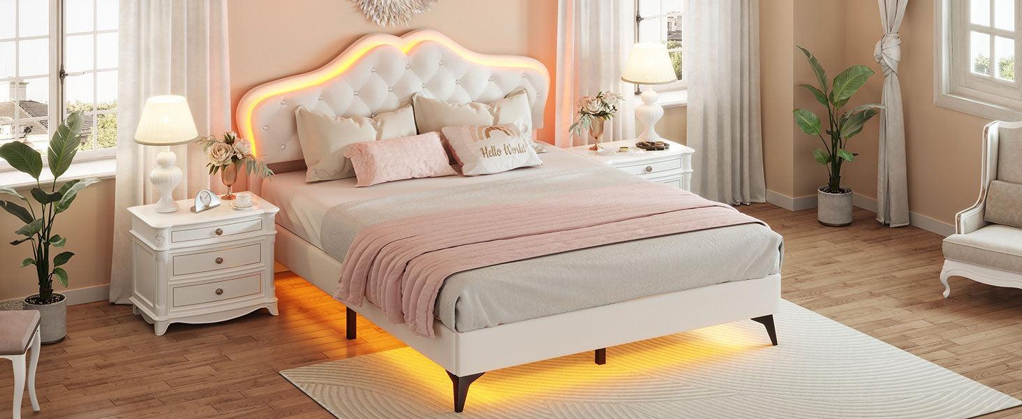 Sikaic Princess Velvet Upholstered Platform Bed Frame with Adjustable Crystal Button Headboard and RGB LED Lights Creamy White Furniture Design Home Pink