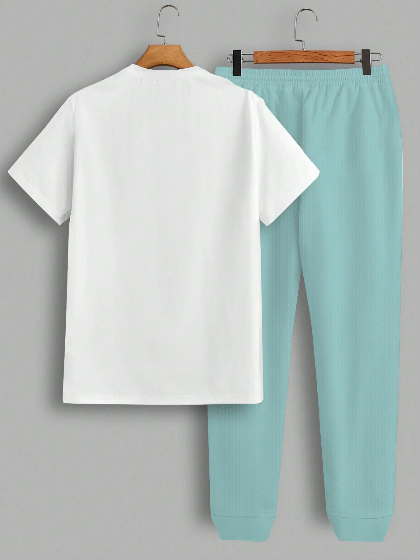 Men's Summer Palm Tree Print 2-Piece Set, Short Sleeve Tee + Mint Drawstring Joggers, Lightweight Casual