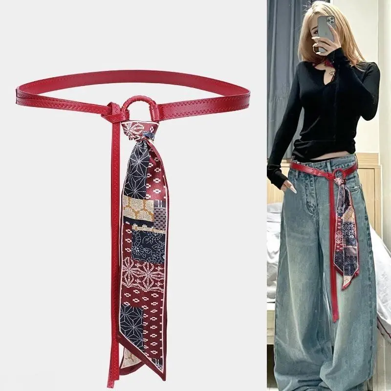 Vintage Red PU Leather Thin Waist Belt Patchwork Silk Scarf Knot Tie Belt Bohemian Y2K Aesthetic Waist Accessories for Jeans Oversized Shirt Dress