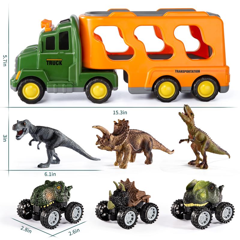 7 in 1 Dinosaur Transport Truck Toy Gifts with Mini Dinosaur lover Figures and Race Cars with Lights and Sounds Educational Play Set for Kids Birthday Christmas
