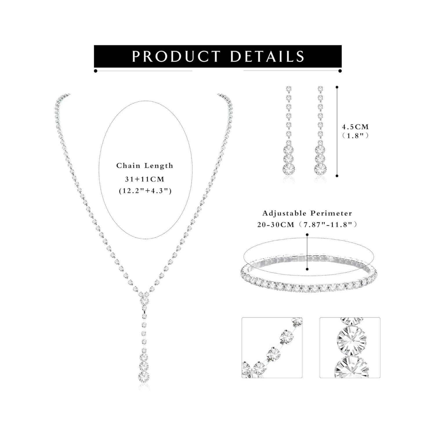 One Set Silver Bridal Jewelry Set Rhinestone Necklace Bracelet Dangle Earrings for Bride Bridesmaid Teardrop Pendant Crystal Wedding Prom Jewelry Accessories for Women