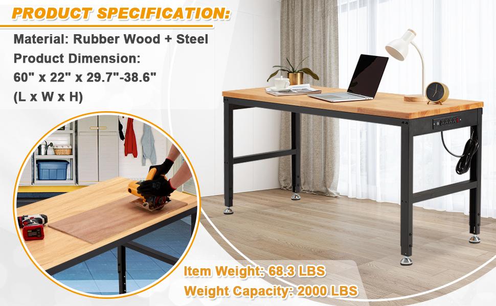 Height Adjustable Workbench 60" 2000 Lbs Capacity Solid Wood Work Station Heavy-Duty Work Tables with Power Outlets for Garage Party Shop Office