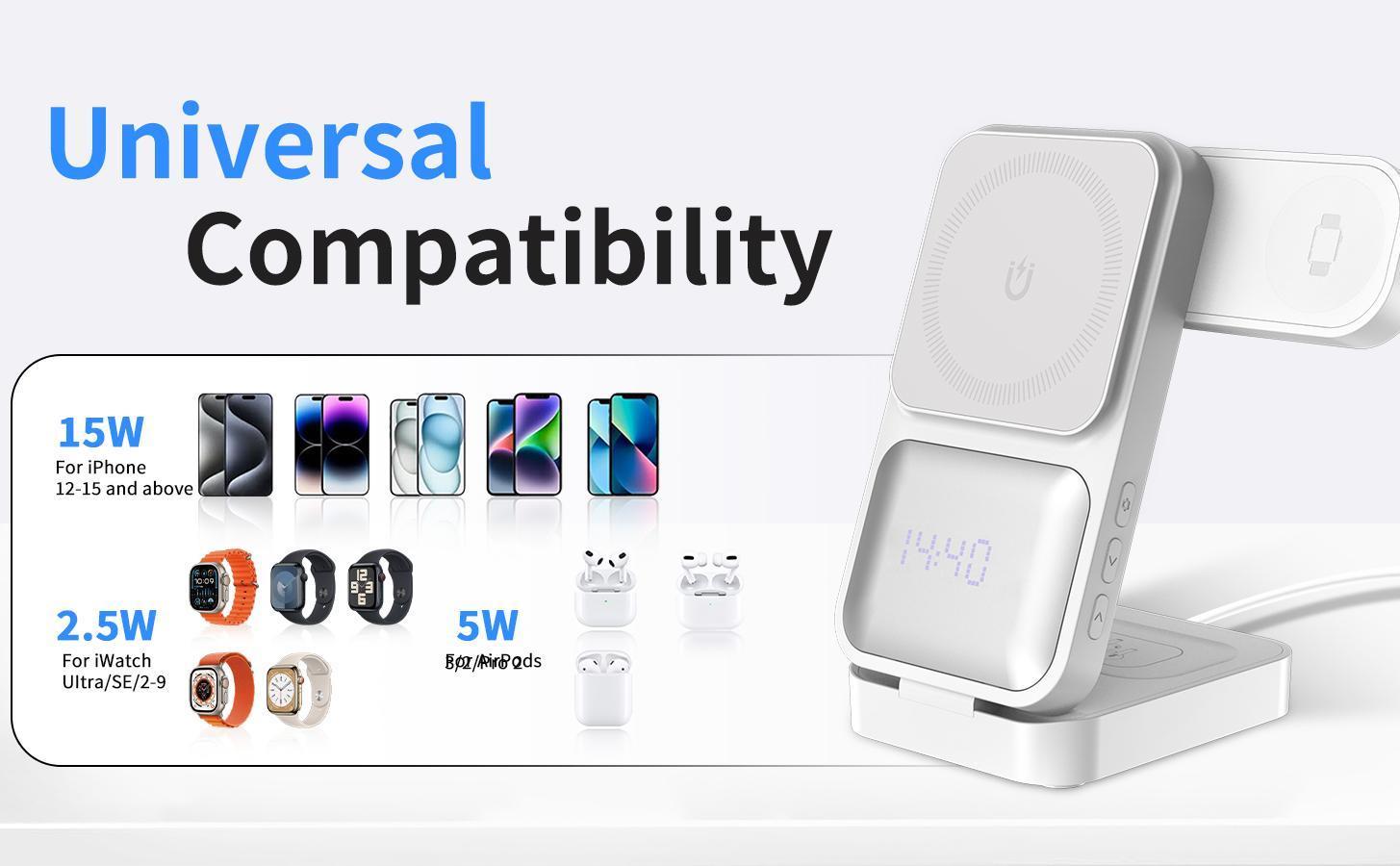 S1-A Folding 3-in-1 Magnetic Wireless Charging Station with Digital Clock - Fast Qi Charger for Qi-Enabled Cellphones, Wearables & Earbuds, Desk & Travel Portable Electronic Accessories Dock Stand