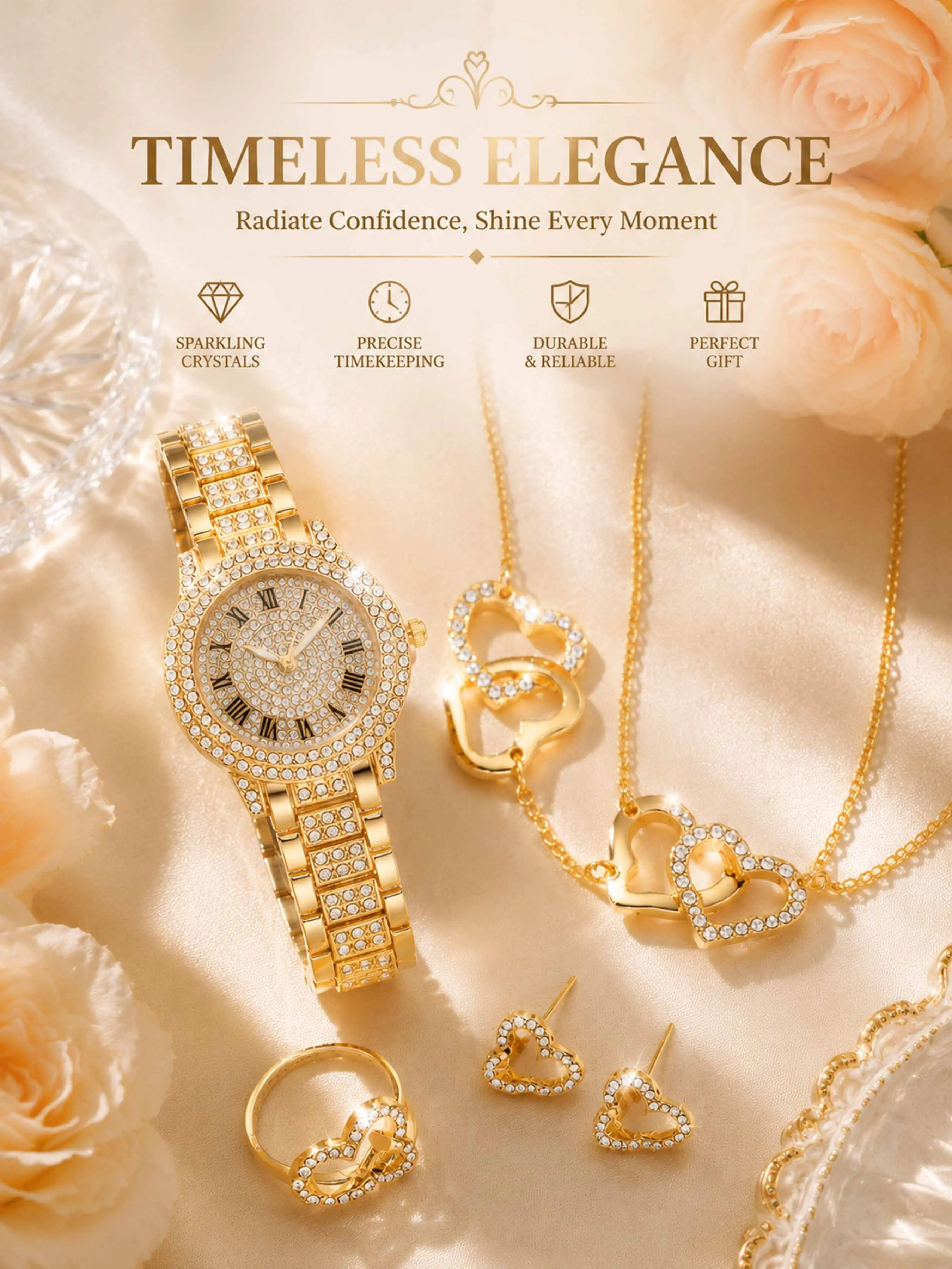 Luxury Gold-Tone Women's Quartz Watch & Jewelry Set, Crystal Roman Numeral Dial Watch with Heart Necklace, Bracelet, Earrings and Ring, Elegant Gift for Wife, Birthday, Anniversary, Mother's Day, Valentine's & Christmas
