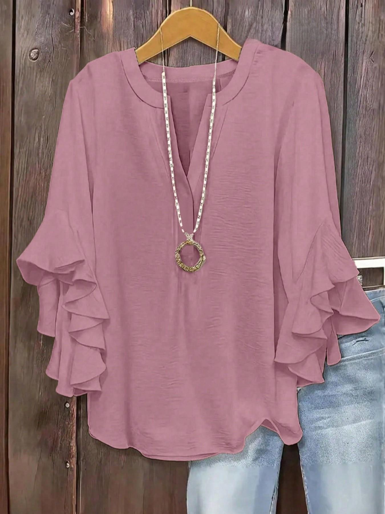 Plus Size Women's Ruffled Sleeve Notched-Neck Fitted Blouse Shirts, Elegant Comfortable and Stylish Solid Color Top, Perfect for Everyday Casual Wear Plus Size Women's Ruffled Sleeve Notched-Neck Fitted Blouse Shirts, Elegant Comfortable and Stylish Solid Color Top, Perfect for Everyday Casual Wear