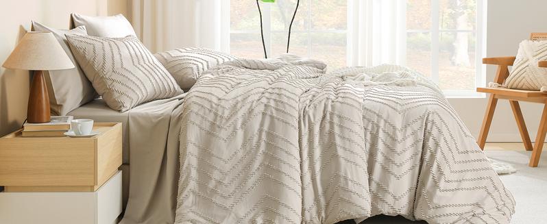 Litanika 7-Piece Bedding Set - Queen Chevron Tufted Comforter with Sheets | Beige Neutral Collection