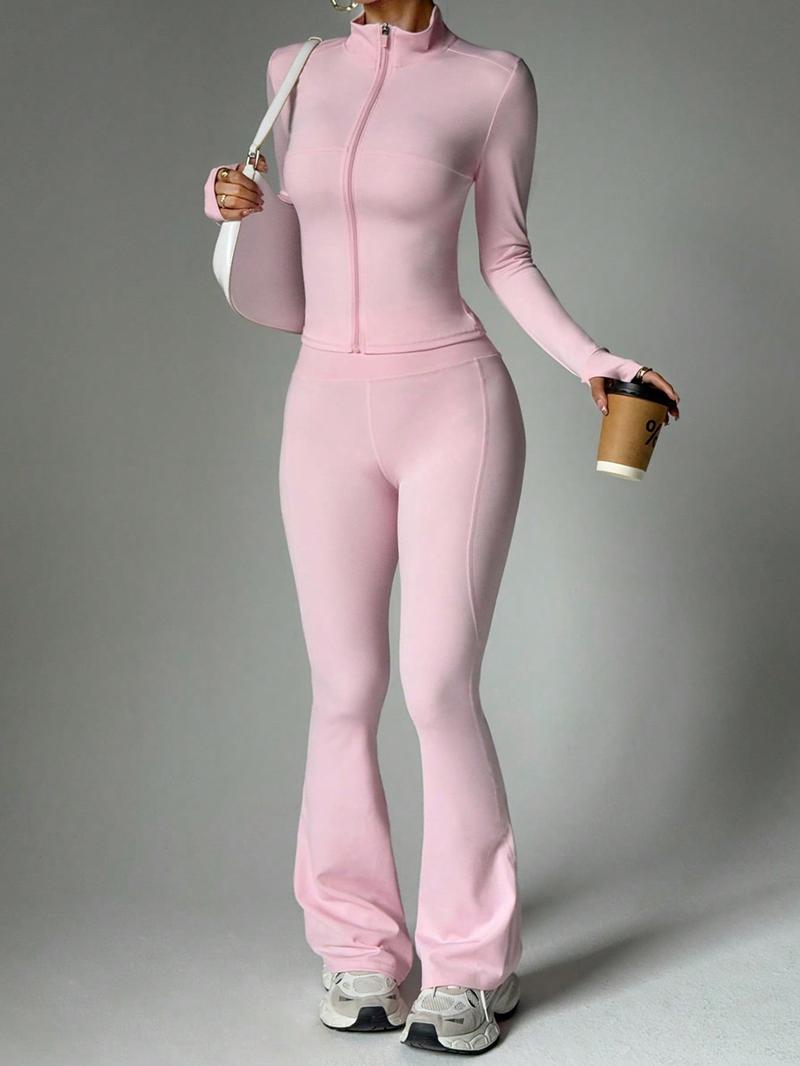 Two piece set women's loungewear set with long-sleeve zip-up jacket and wide-leg pants suitable for outings vacations airport travel Comfortable casual stylish pajama set for women with long sleeves and long pants