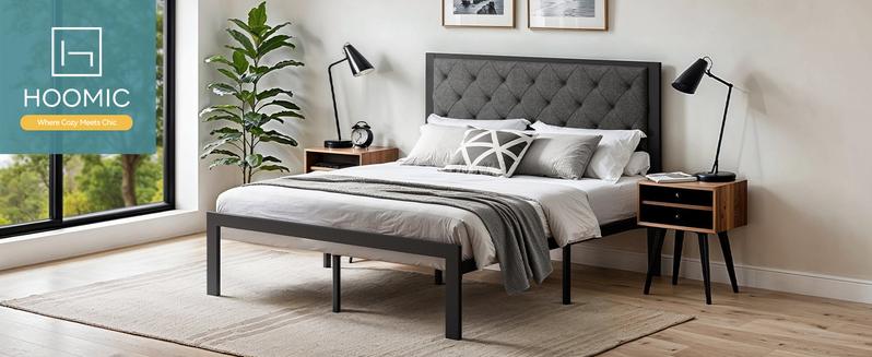 HOOMIC Twin/Full/Queen/King Upholstered Metal Bed Frame - 【Frame Only No Mattress】Finely Stitched Headboard in Faux Leather/Linen, Robust Noise-Free Design, Black/Dark Grey, #TikTokShopBacktoSchool