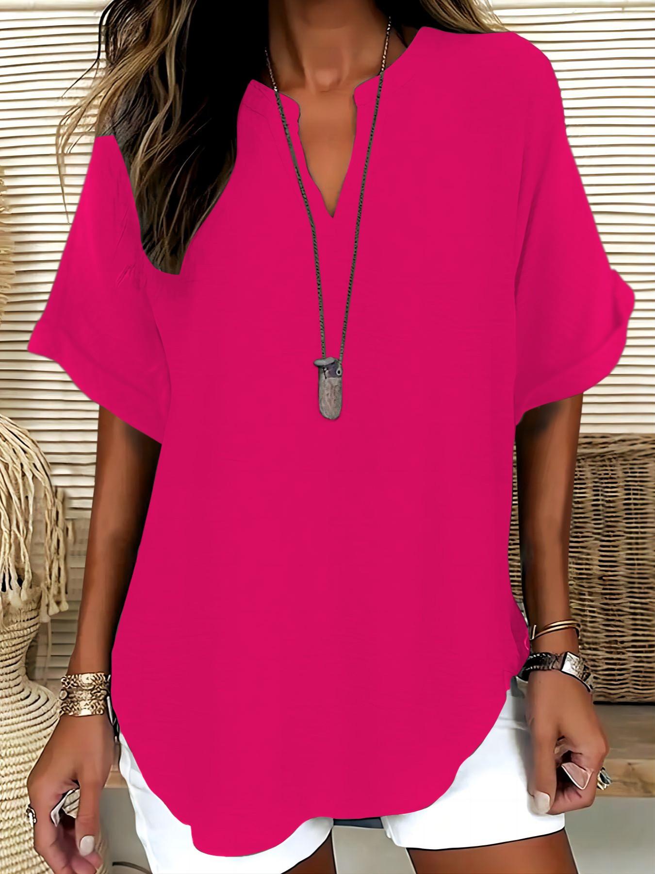 Women's Simple Vintage Solid V-Neck Short Sleeve Shirt Blouses, Casual Loose-Fitting Pullover, 100% Polyester, All Seasons Fashion Top