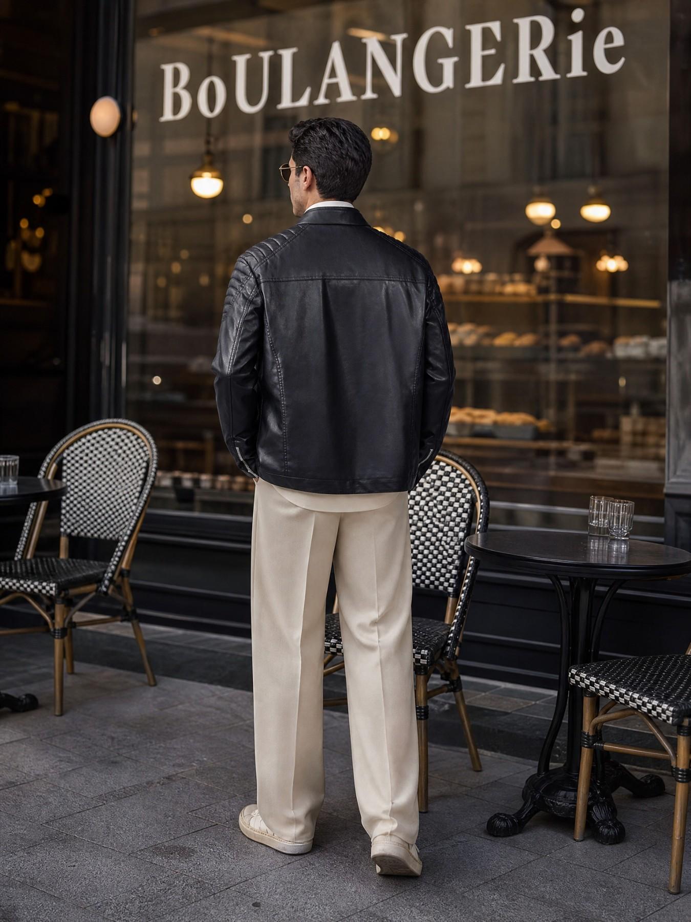 Men's Stand Collar Slim-Fit Faux Leather Motorcycle Jacket, Zip Closure, Long Sleeve, Casual Spring Fall Outerwear, Windproof PU Coat