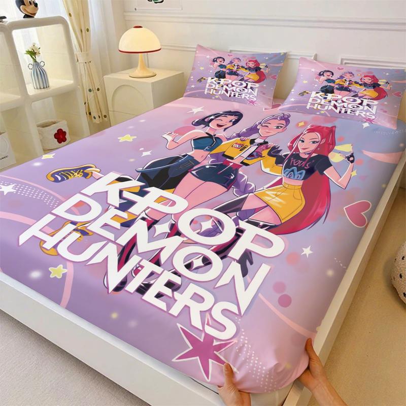 K-Pop Demon Hunters Fitted Sheet Set, Decorative Bedsheet Sets, 1 Fitted Sheet and 2 Pillowcases Without Inner Core, Fashionable Girl Group and Star Magic Element Bedding, Soft Breathable Fabric, Ideal for Bedroom and Dormitory Use #TOP PICKS