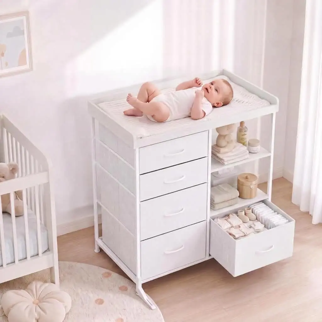 Newborn Baby Changing Table Dresser with 5 Drawers, Small Space Diaper Changing Station, Nursery Storage Dresser with Safety Rails for Toddlers