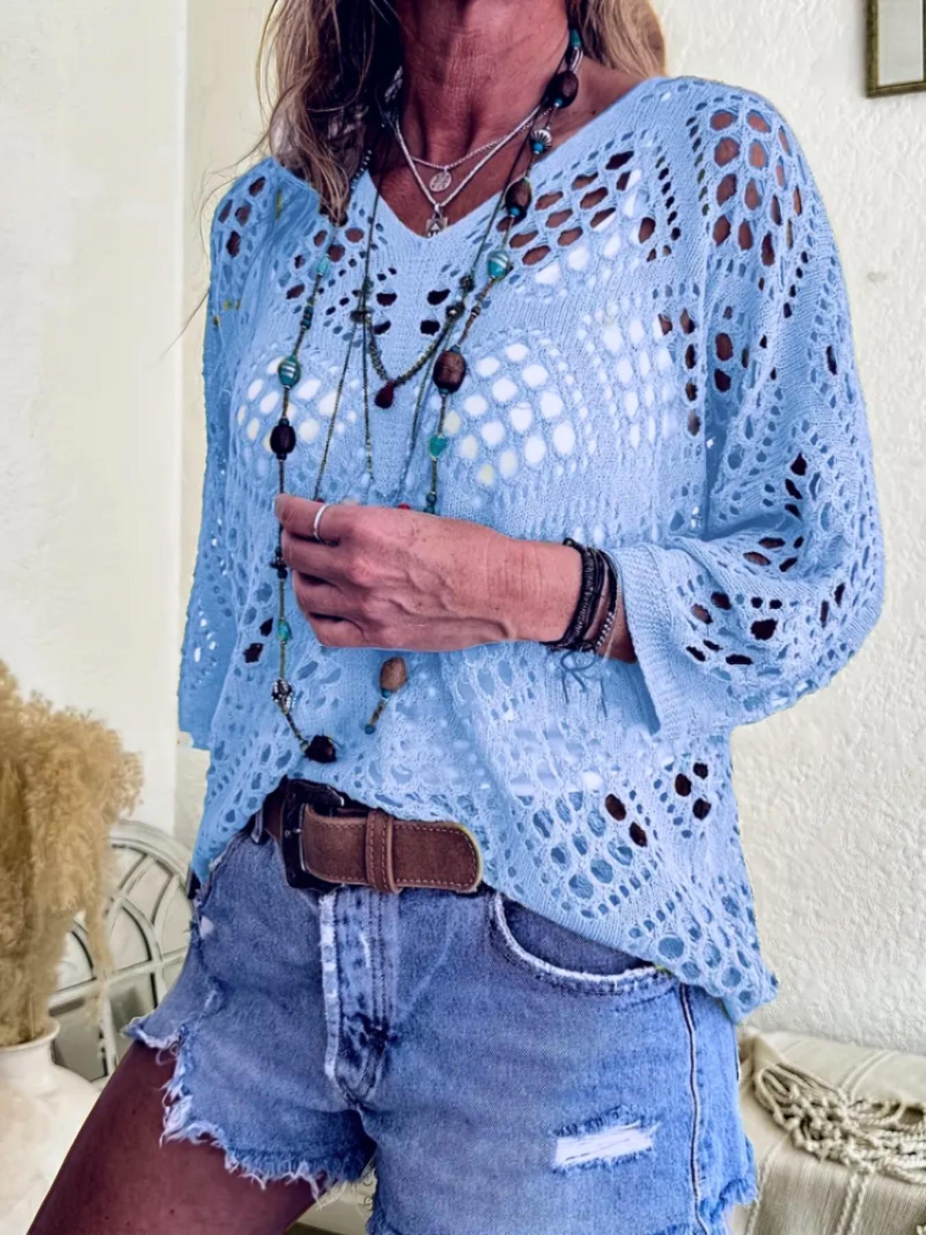 Women's V Neck Batwing Sleeve Crochet Hoodie Tops, Lightweight Hollow Out Design, Perfect for Summer Vacation, Casual Loose Fit