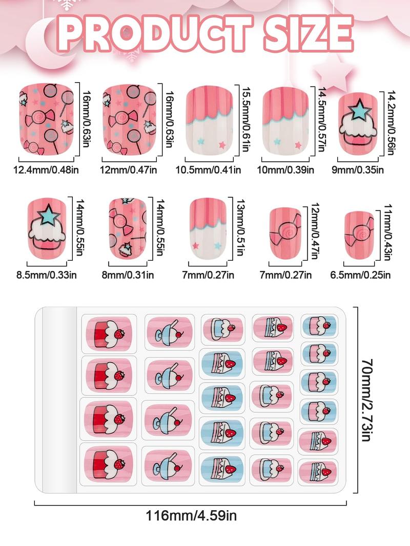 Kalolary 144PCS kids False Nail, Press on Pre-glue Full Cover Candy Pattern Short False Nail Kits,6Pack Press on Nails for Candy Child Nail Tips ,Holiday Gifts Lovely Gift for Kids Little Girls Nail Art Decoration Mommy & Me Valentine Nails Kit