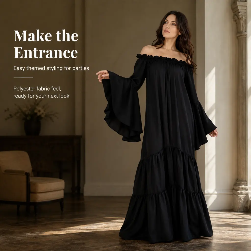 Women Off Shoulder Black Medieval Maxi Dress, Flared Bell Sleeve Tiered Ruffle Vintage Renaissance Witch Gown, Halloween Victorian Gothic Photoshoot Costume