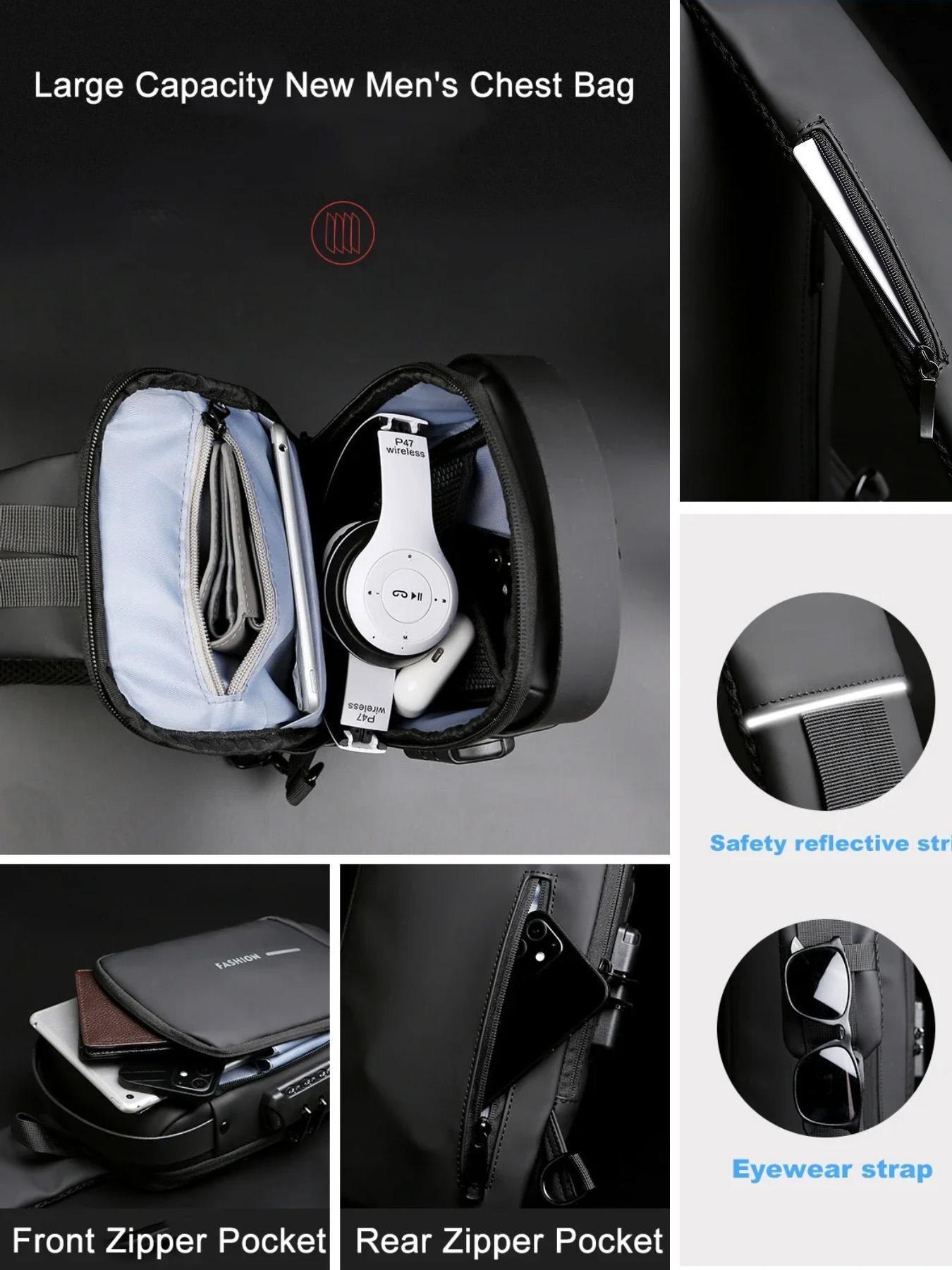 Fashion Motorcycle Bike Sling Bags Waterproof Chest Bags Shoulder Crossbody Bag with USB Charging Port Lock Anti Theft Moto Bag for Men Male,Gift,Daily Use