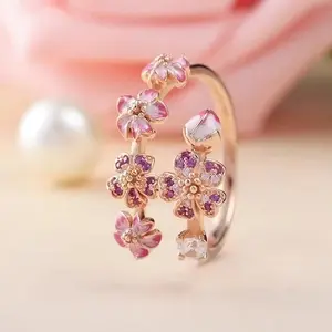 FTCY S925 Silver Rose Enamel Peach Blossom With Crystal Ring For Women Fit for Couple rings-Simple and Fine Jewelry Wedding Part