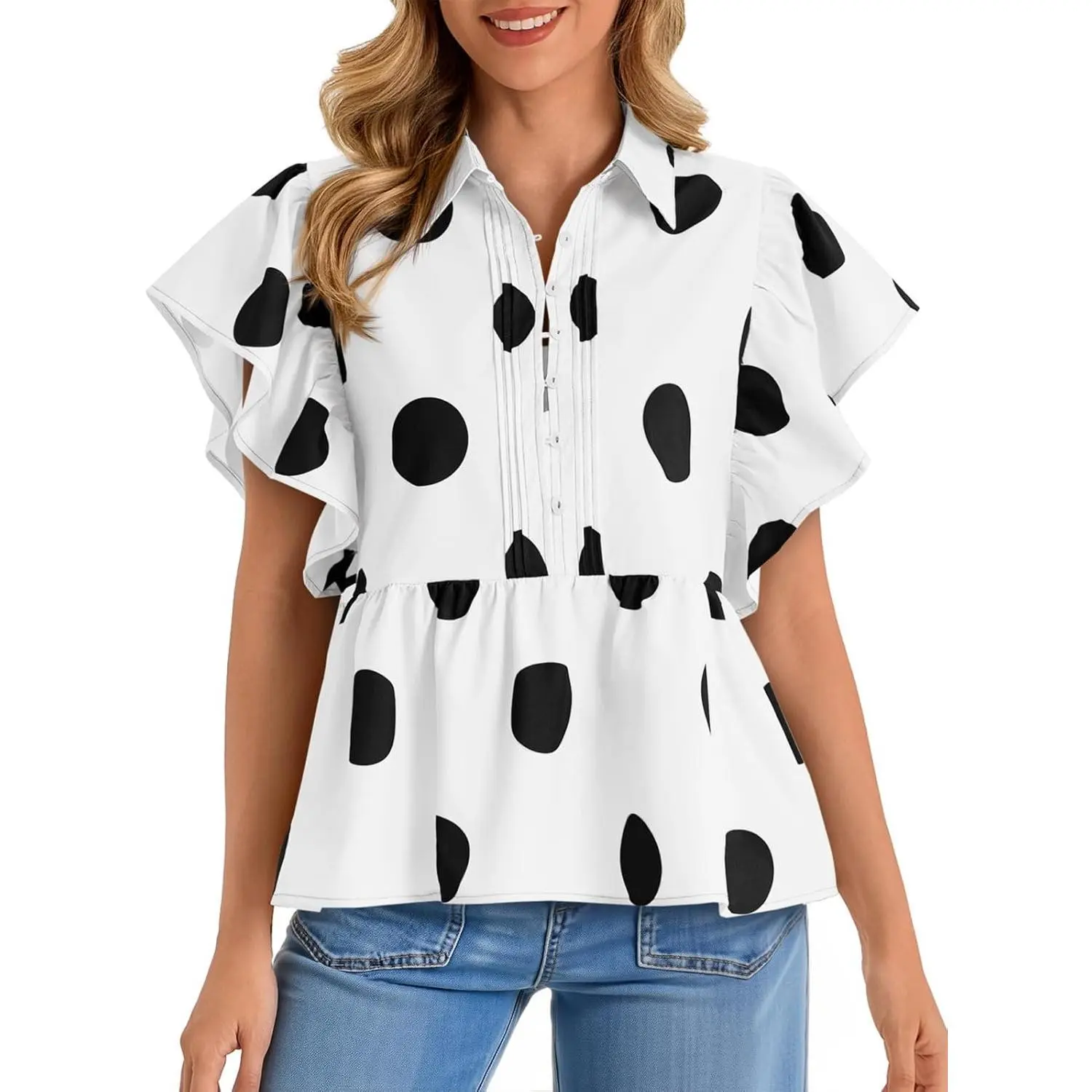 Imily Bela Womens Polka Dot Babydoll Tops Peplum Ruffle Cap Sleeve Blouses Summer Casual Half Button Up Shirts