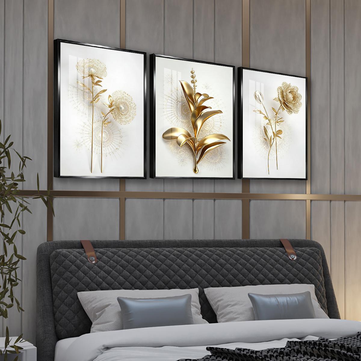 3 Counts Aluminum Alloy Framed Painting, Golden Abstract Flowers Artwork, Home Decoration For Living Room, Bedroom, Office, Restaurant, Hallway Wall Decor, Odorless Print Artwork, Luxury Perfect Gift For Friends And Family