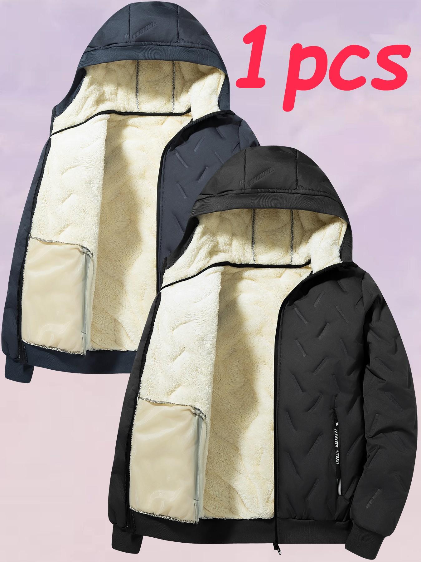 Men's New Fall Winter Fleece Lined Hooded Cotton Casual Solid Color Jacket, Lamb Fur Inner Warm Coat, Thickened Hoodie Outerwear for Cold Weather