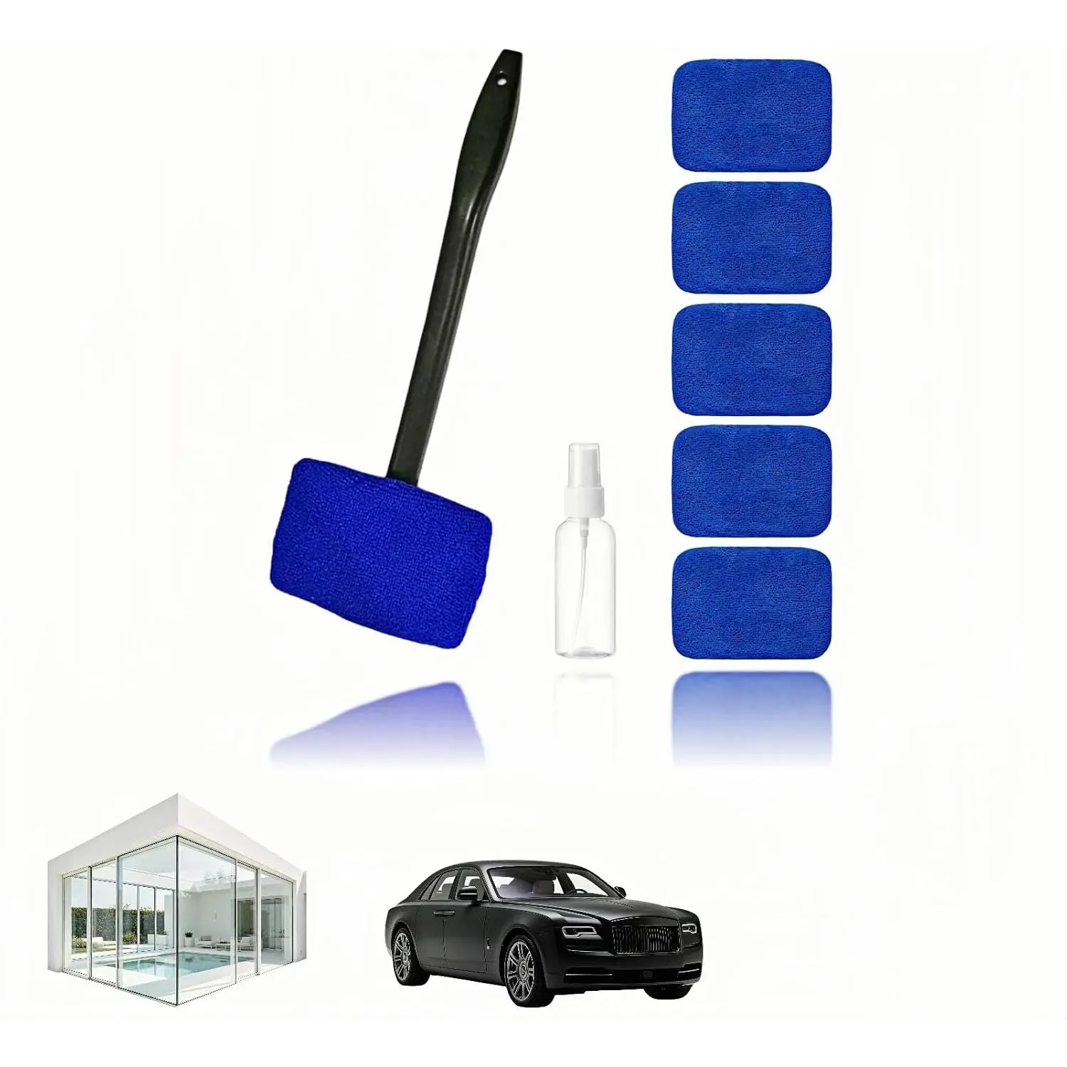 Windshield Cleaning Tool with 6  Washable Microfiber Pads, Telescopic Handle & 180° Rotating  – No Streak Interior Glass Wiper Kit for Auto, , SUV