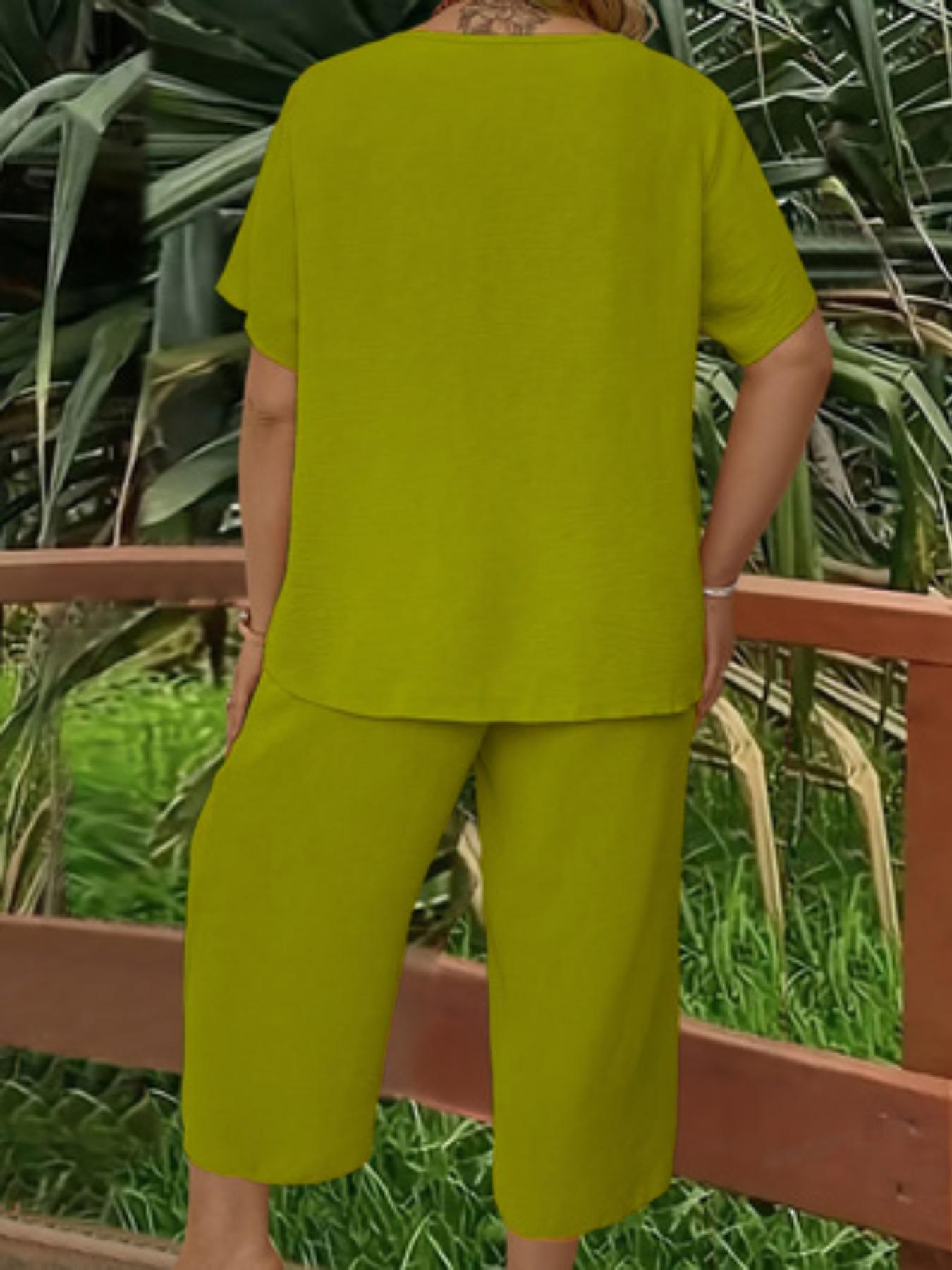 Elegant Plus Size Women's Solid Color Short Sleeve Fashion Top & Casual Wide Leg Pants Set, Summer, Comfortable & Stylish Elegant Plus Size Women's Solid Color Short Sleeve Fashion Top & Casual Wide Leg Pants Set, Summer, Comfortable & Stylish