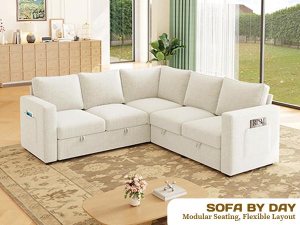 【4 Packages】83.5" Sectional Sleeper Sofa with Pull Out Couch, Modern 5 Seat L Shaped Modular Couch, Sectionals Modular Sofa with Storage, Comfy Sectional Couches for Living Room & Apartment