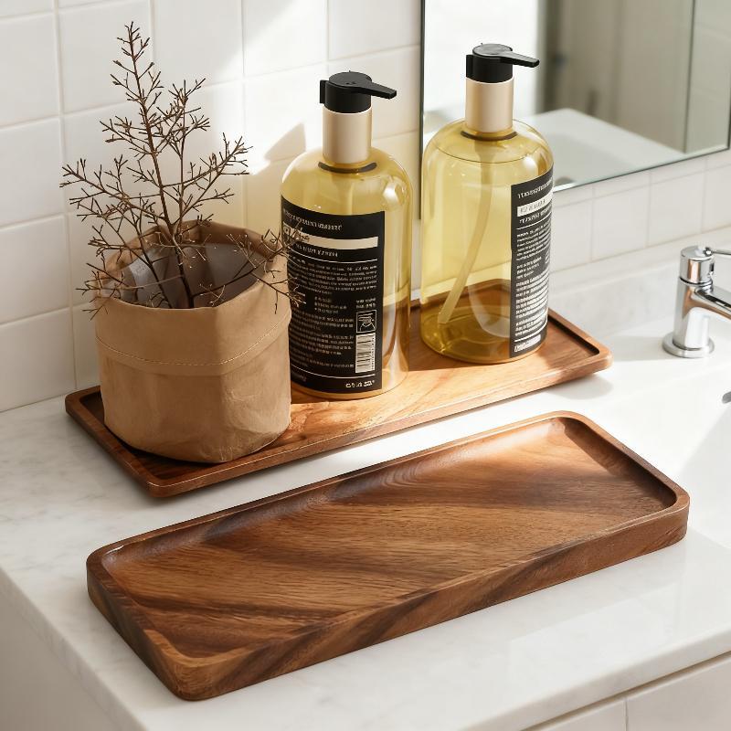 1pc Natural Walnut Wood Rectangular Tray - 11.8-Inch Large Bathroom Countertop Organizer, Oval Rectangular Bath Sink Storage Rack with Polished Natural Grain