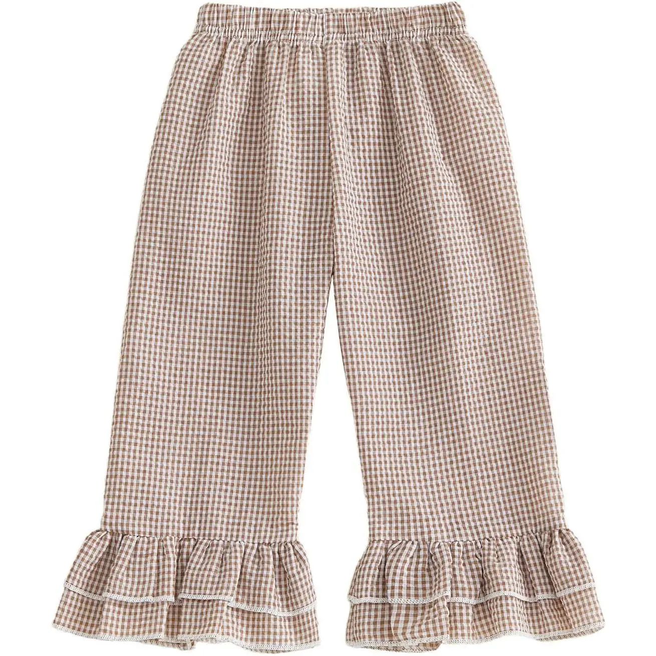 Kids Toddler Girls Ruffle Flare Pants Casual Gingham Plaid Seersucker Pants Elastic Waist Loose Bottoms Trousers