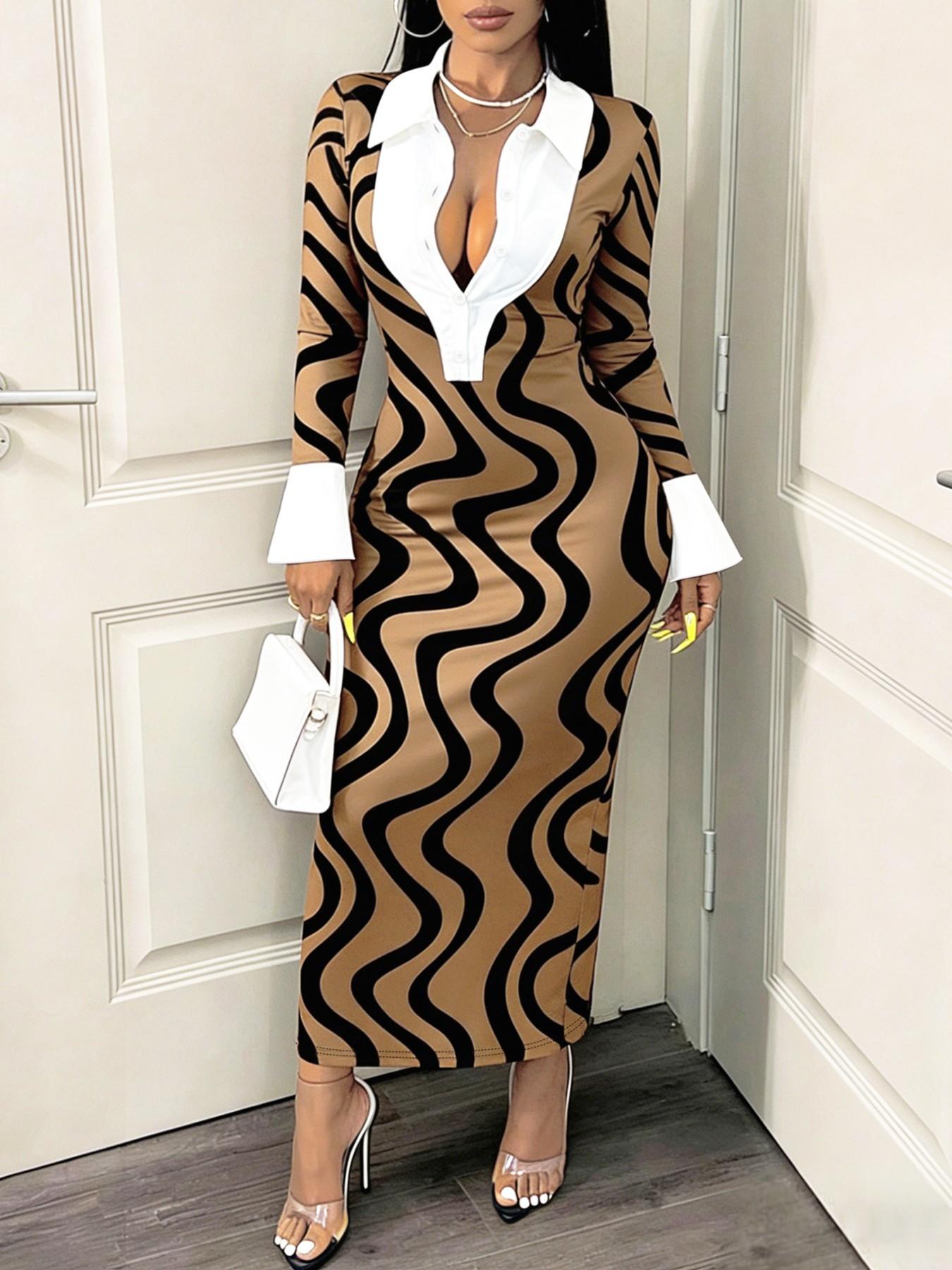 Women's Fashion Colorblock Shirt Collar Patchwork Wave Pattern Dress, Flared Sleeve Fitted Bodycon Long Evening Gown, All Seasons