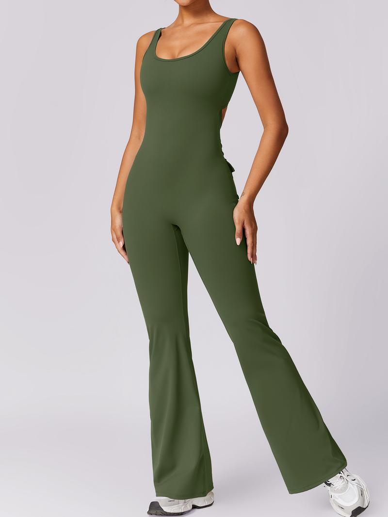 NcmRyu Women's Sleeveless Square Neck Open-Back Flare Jumpsuit - Buttery-Soft 4-Way Stretch Cargo Ruched Sculpting Trendy Activewear Workout Gym Clothing Workout Apparel jumpsuits for women