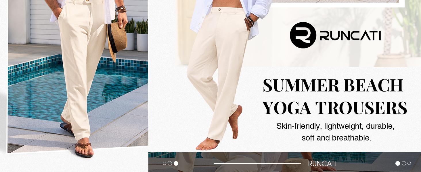 Runcati Mens Casual Pants Elastic Waist Linen Lightweight Straight-Legs Loose Fit Summer Beach Yoga Trousers