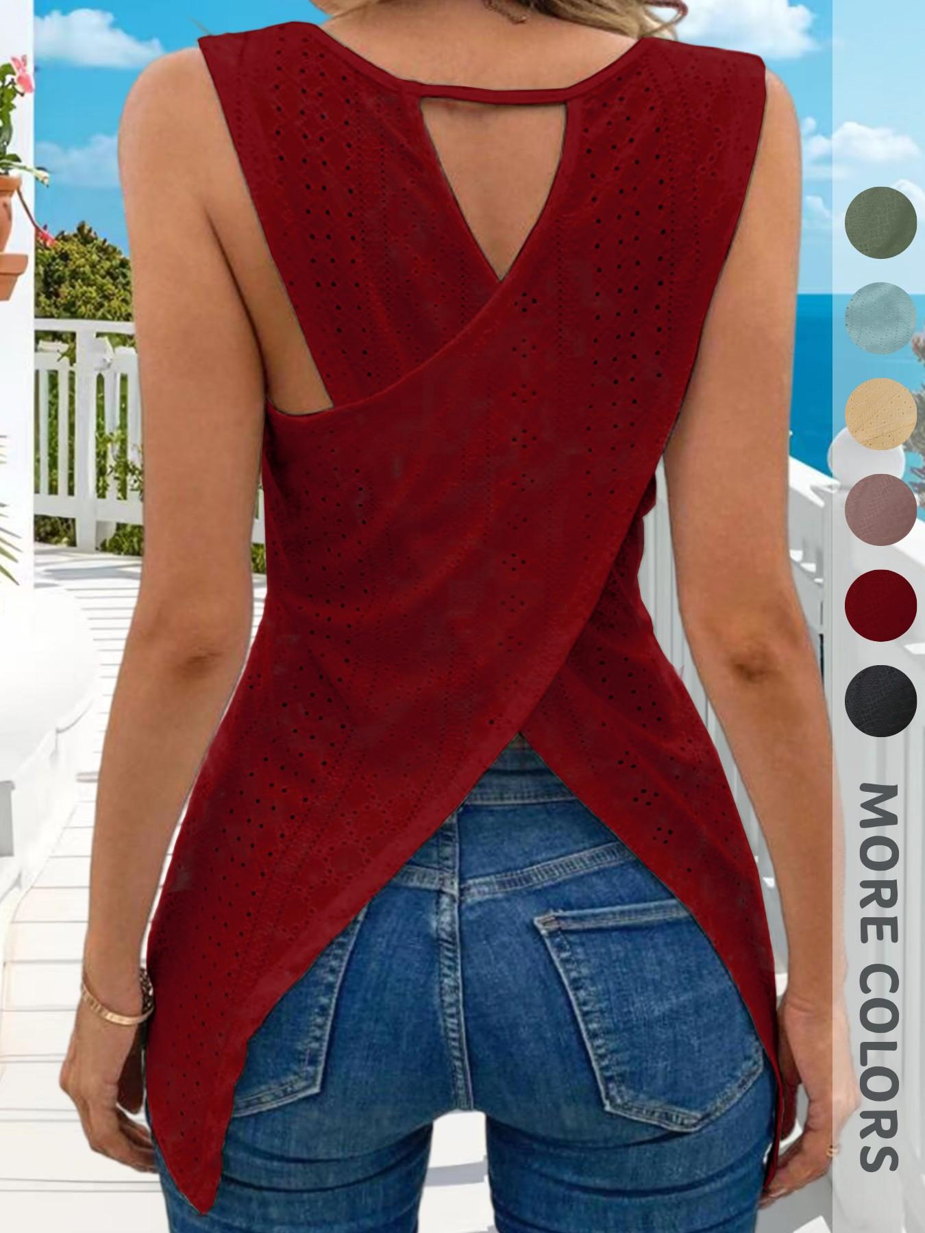 New Summer Women's Plain Sleeveless Top, Hollow Out Irregular Hem Cross Design, Elegant Fashion Commuter Versatile Tank Shirt