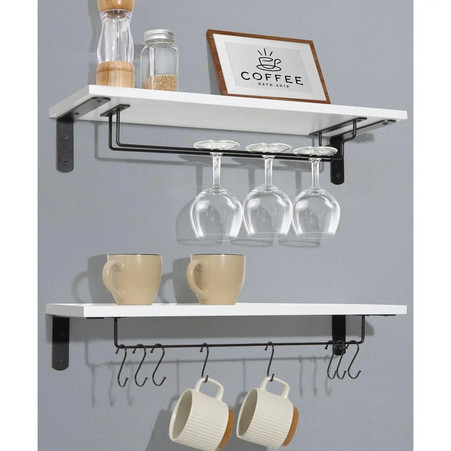 Coffee Bar Shelf, 20 Inch Coffee Mug Holder Wall Mount, White Shelves | Mug Shelf for Mugs & Glasses, Floating Shelves with 8 Hooks, Coffee Cup Wall Holder, Set of 2